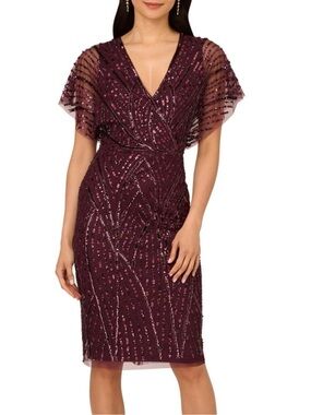 Adrianna Papell • NWT Beaded Amethyst Cocktail Dress Flutter Sleeve 16W